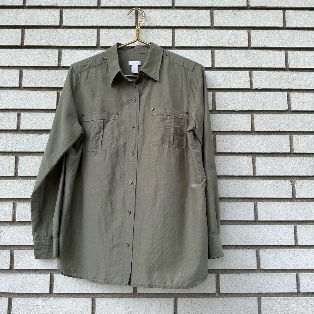 Chico’s‎ Olive Army Green Cotton Silk Roll-Tab Utility Button-Up Shirt M